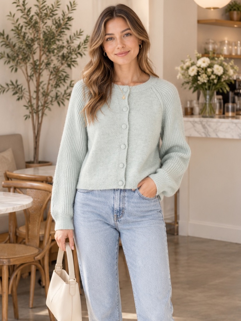 Song of Style Revolve Mint Sea Foam Green Crewneck Cardigan Sweater M